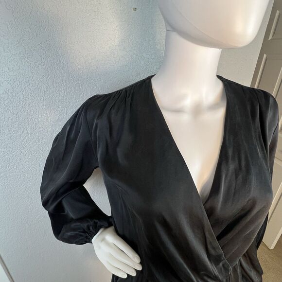 Taylor Tillman Size XS Black Berk Silk Faux Wrap Mini Dress Balloon Sleeve - Picture 7 of 9